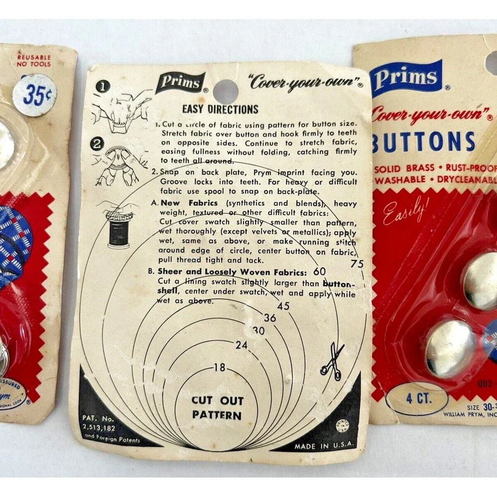 Vintage 1960s Prims Cover Your Own Buttons Solid Brass Lot of 3 Packages NOS USA